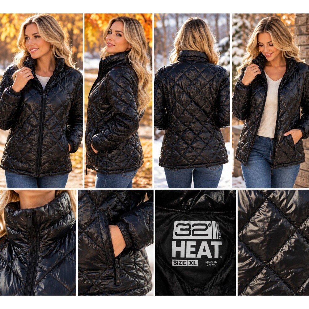 32 Degrees Heat Women’s XL Black Shiny Quilted Puffer Jacket Full Zip